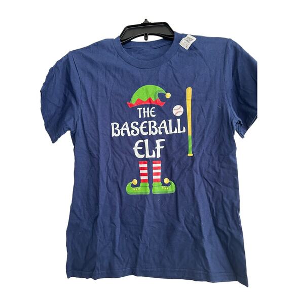 NWOT Unisex Youth Sz Medium Short Sleeve T-Shirt The Baseball Elf Blue Christmas - Picture 1 of 4